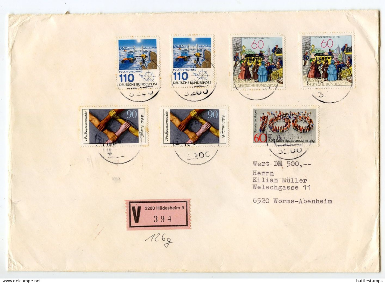 Germany, West 1981 Insured V-Label Cover; Hildesheim To Worms-Abenheim; Mix Of Stamps - Cartas & Documentos