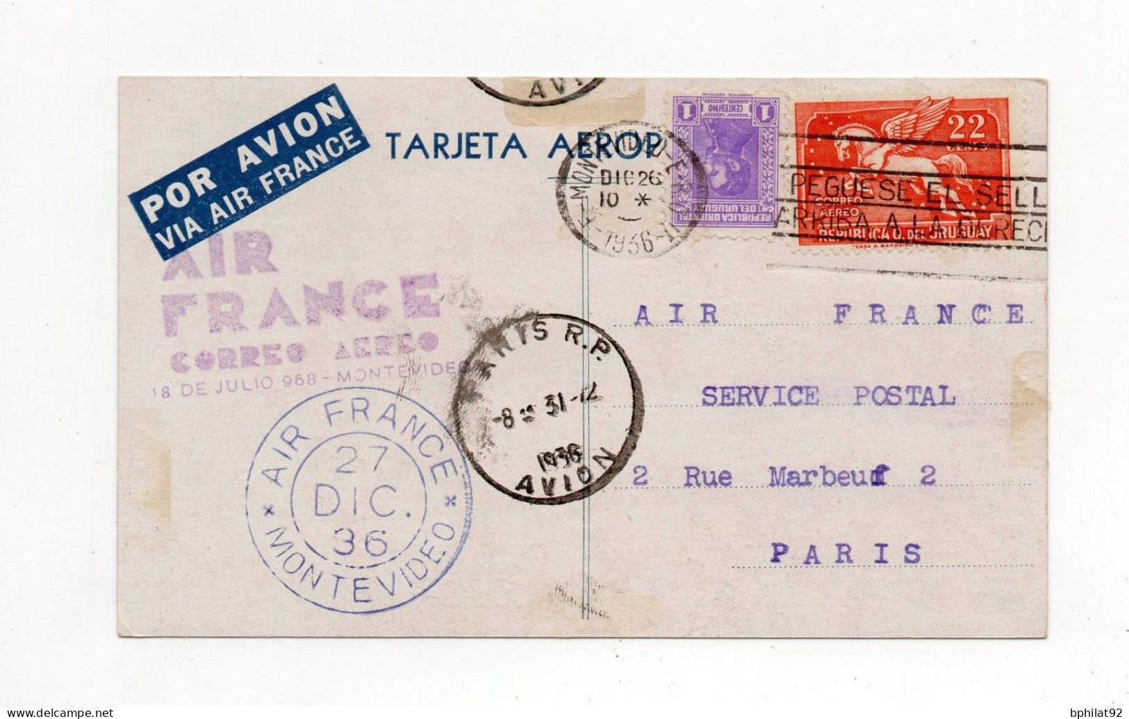 !!! URUGUAY, CARTE AIR FRANCE PAR AVION DE MONTEVIDEO POUR PARIS DU 27/12/1936. CARTE RARE - Uruguay