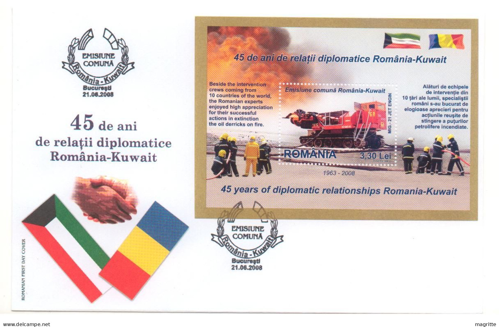 Roumanie 2008 FDC Bloc Emission Commune Koweit Pompiers Romania Joint Issue Kuwait S/S FDC Firefighters - Gemeinschaftsausgaben