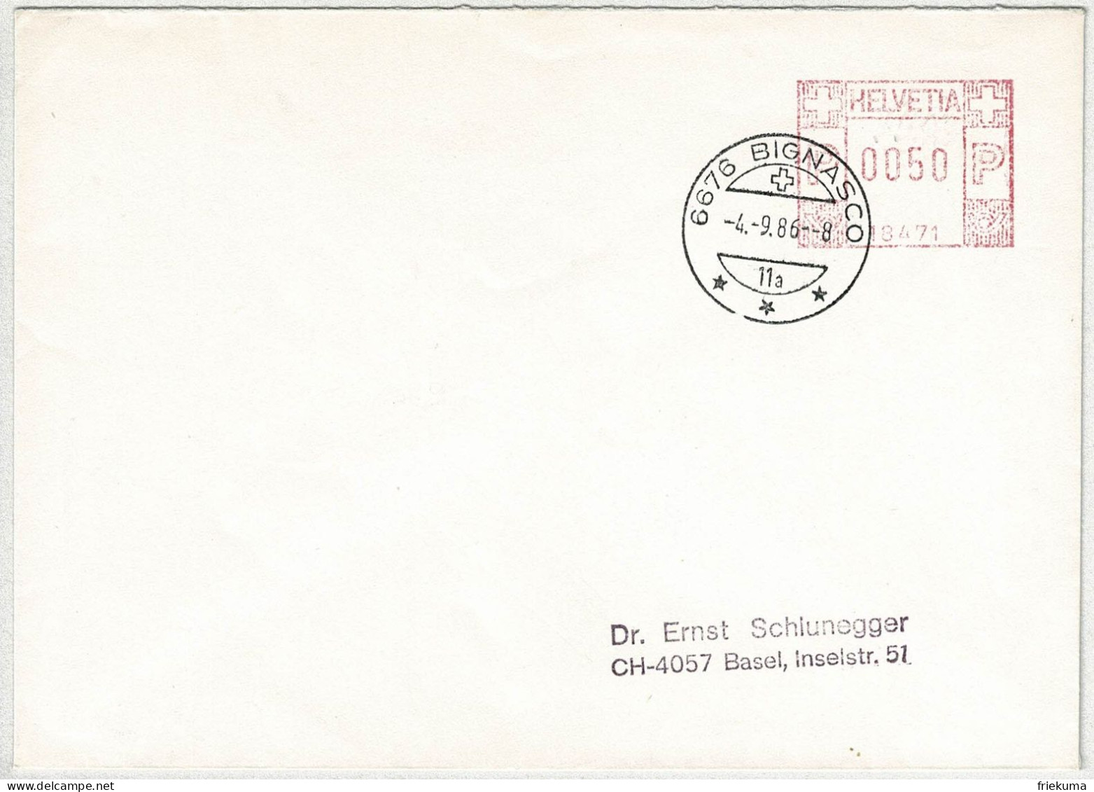 Schweiz 1986, Brief Freistempel / EMA / Meterstamp Bignasco - Basel - Affrancature Meccaniche