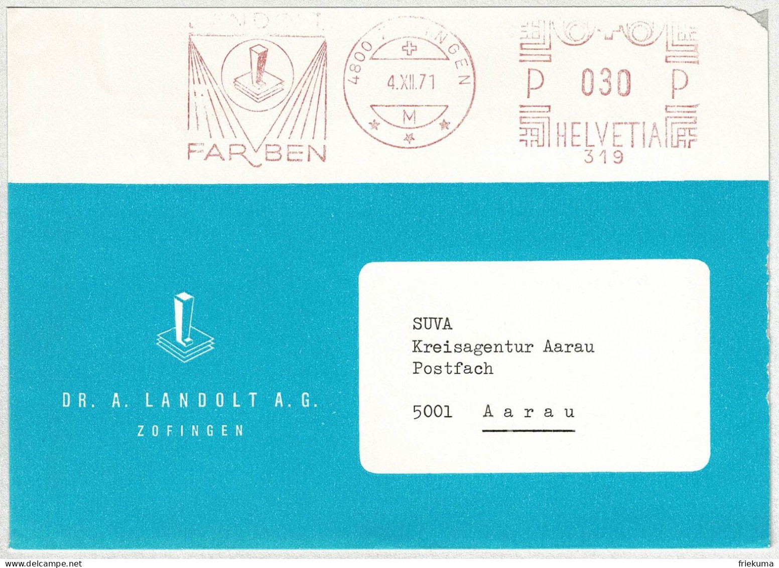 Schweiz 1971, Brief Freistempel / EMA / Meterstamp Landolt Farben Zofingen - Aarau, Lacke - Affranchissements Mécaniques