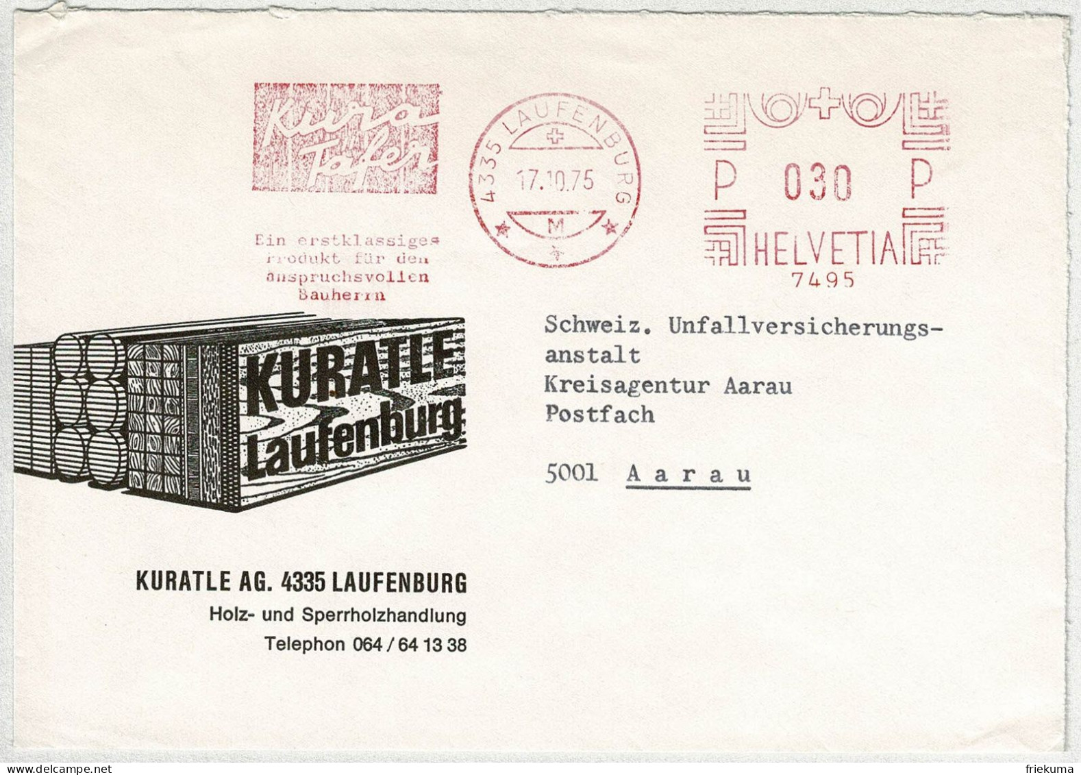 Schweiz 1975, Brief Freistempel / EMA / Meterstamp Kuratle Laufenburg - Aarau, Holz, Täfer - Frankiermaschinen (FraMA)