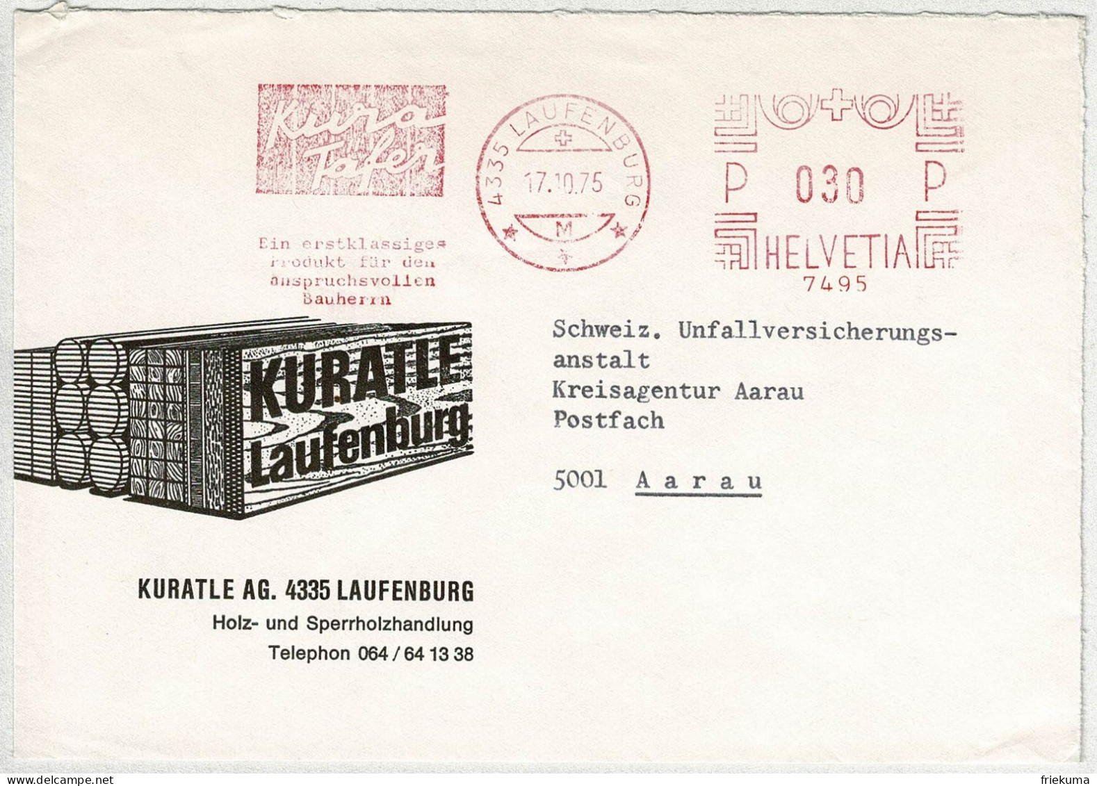 Schweiz 1975, Brief Freistempel / EMA / Meterstamp Kuratle Laufenburg - Aarau, Holz, Täfer - Máquinas De Franquear