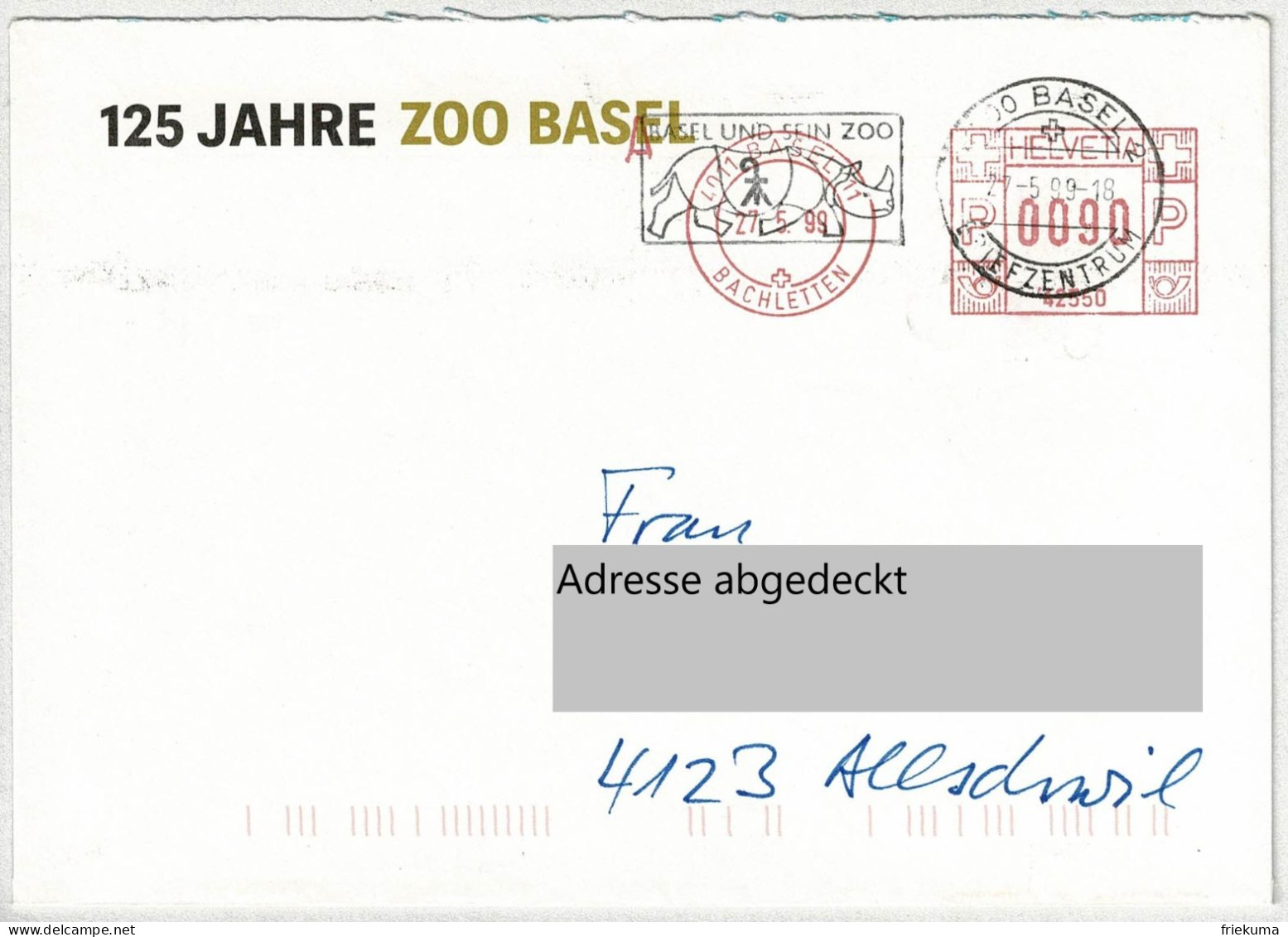 Schweiz 1999, Brief Freistempel / EMA / Meterstamp Basel - Allschwil, Nashorn / Rhinozeros, Zoo - Rhinoceros