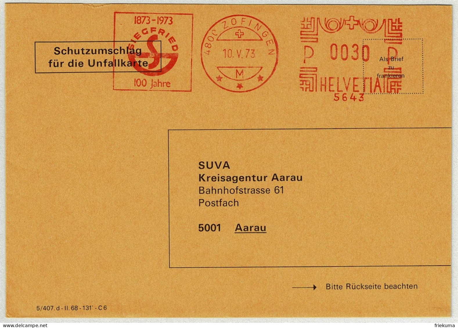 Schweiz 1973, Brief Freistempel / EMA / Meterstamp Siegfried Zofingen - Aarau, Pharma - Frankiermaschinen (FraMA)