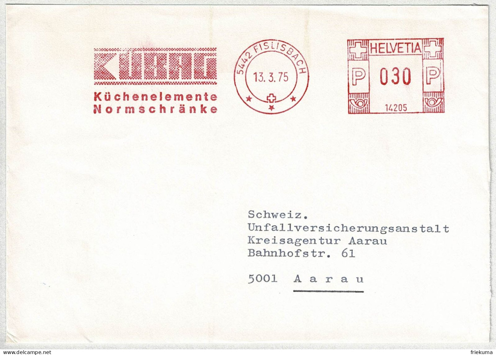 Schweiz 1975, Brief Freistempel / EMA / Meterstamp Kübag Fislisbach - Aarau, Küchen, Schränke - Frankeermachinen