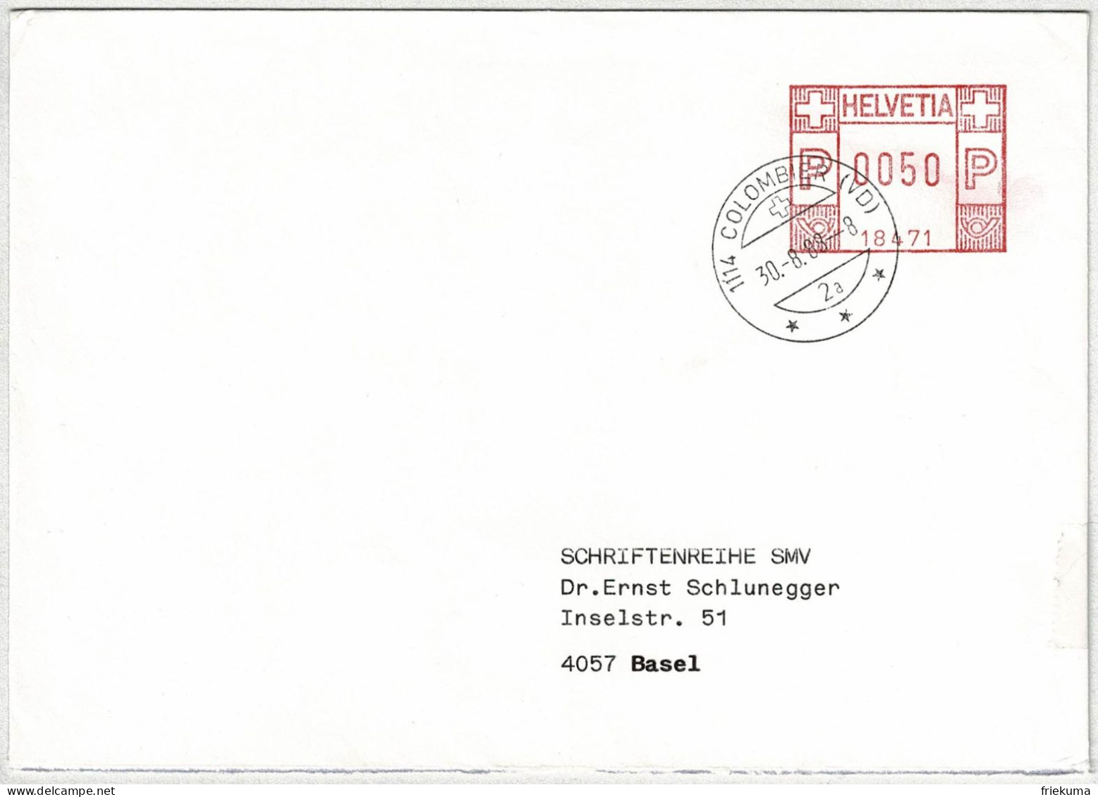 Schweiz 1988, Brief Freistempel / EMA / Meterstamp Colombier - Basel - Frankiermaschinen (FraMA)