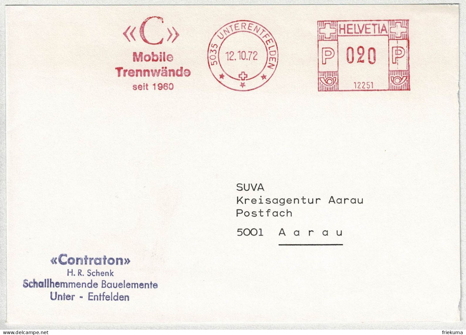 Schweiz 1972, Brief Freistempel / EMA / Meterstamp Contraton Unterentfelden - Aarau, Schall, Trennwände - Affrancature Meccaniche