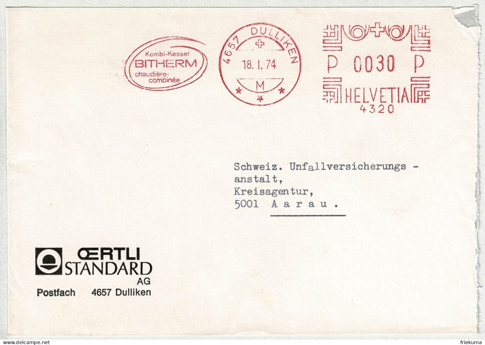 Schweiz 1974, Brief Freistempel / EMA / Meterstamp Oertli Dulliken - Aarau, Heizung, Kessel - Affranchissements Mécaniques