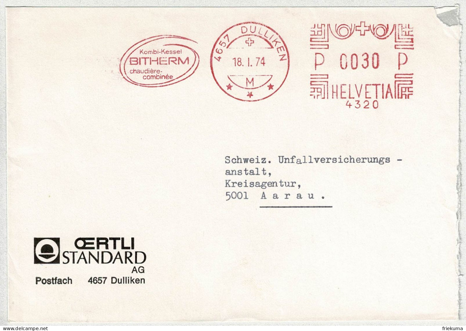 Schweiz 1974, Brief Freistempel / EMA / Meterstamp Oertli Dulliken - Aarau, Heizung, Kessel - Máquinas De Franquear