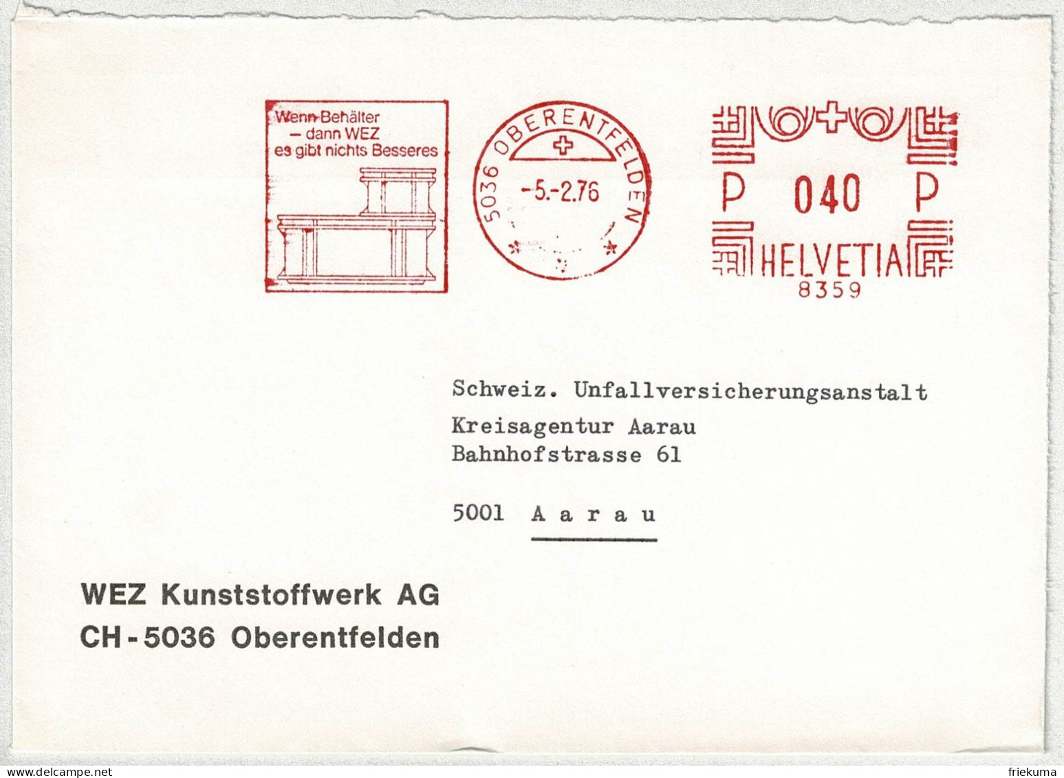 Schweiz 1976, Brief Freistempel / EMA / Meterstamp WEZ Kunststoffwerk Oberentfelden - Aarau, Behälter - Affranchissements Mécaniques