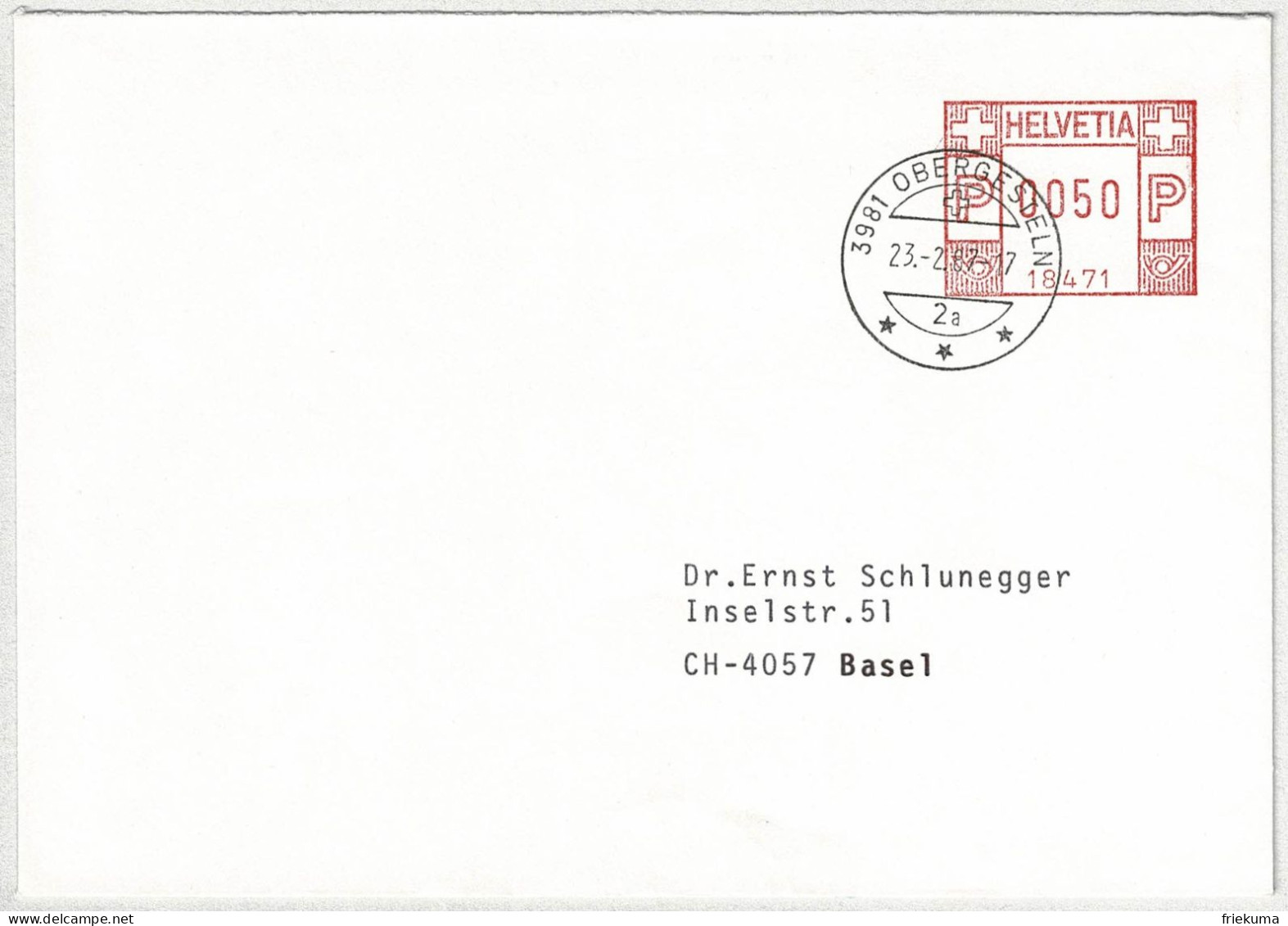 Schweiz 1987, Brief Freistempel / EMA / Meterstamp Obergesteln - Basel - Affranchissements Mécaniques