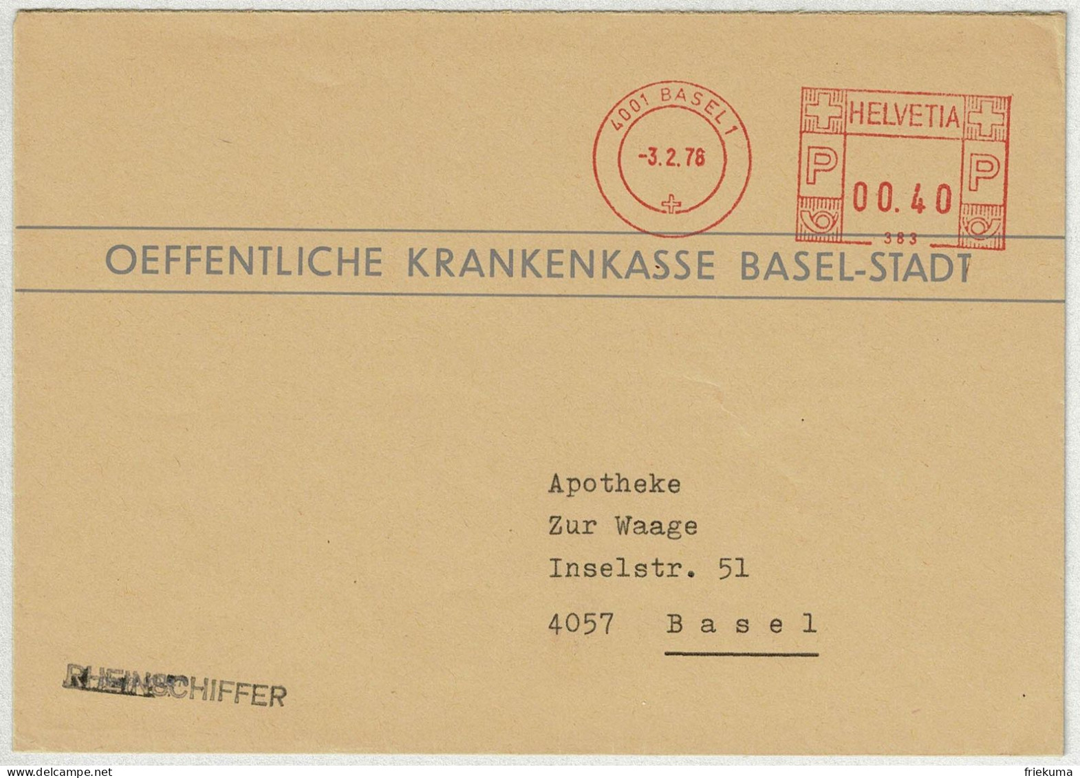Schweiz 1978, Brief Freistempel / EMA / Meterstamp Basel, Krankenkasse - Frankeermachinen