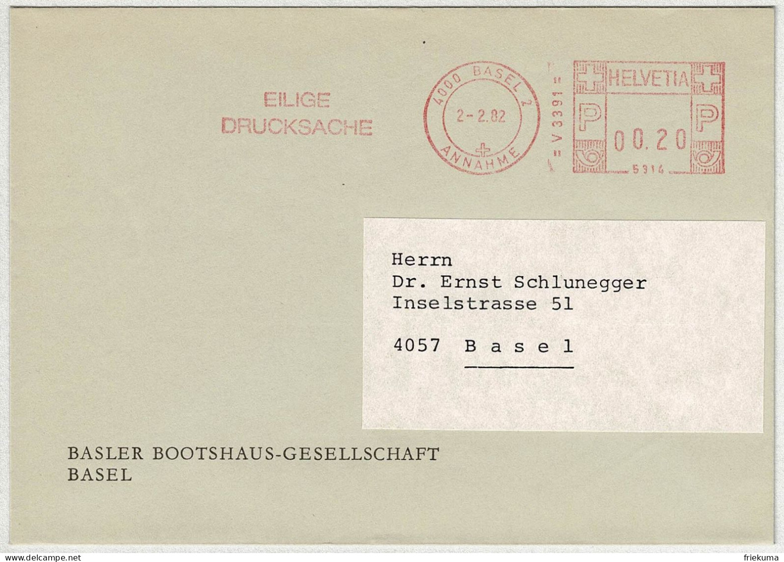 Schweiz 1982, Eilige Drucksache Freistempel / EMA / Meterstamp Basel - Postage Meters