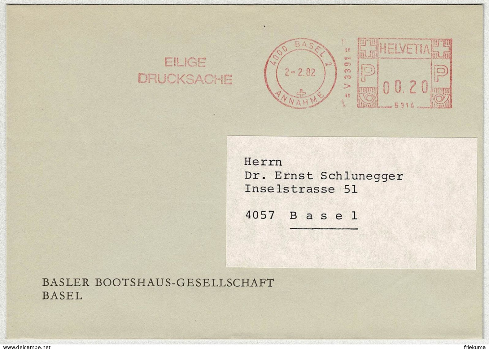 Schweiz 1982, Eilige Drucksache Freistempel / EMA / Meterstamp Basel - Affranchissements Mécaniques