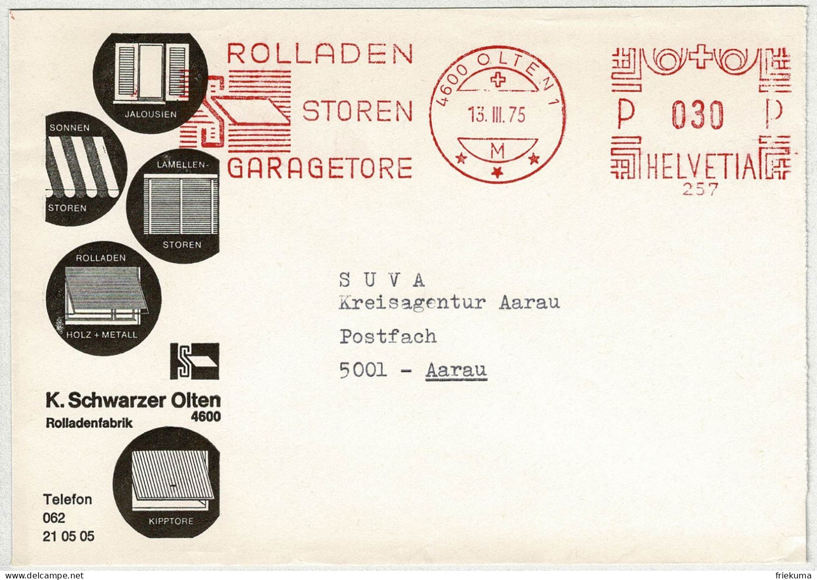 Schweiz 1975, Brief Freistempel / EMA / Meterstamp Schwarzer Olten - Aarau, Rolladen, Storen, Garagetore - Affrancature Meccaniche