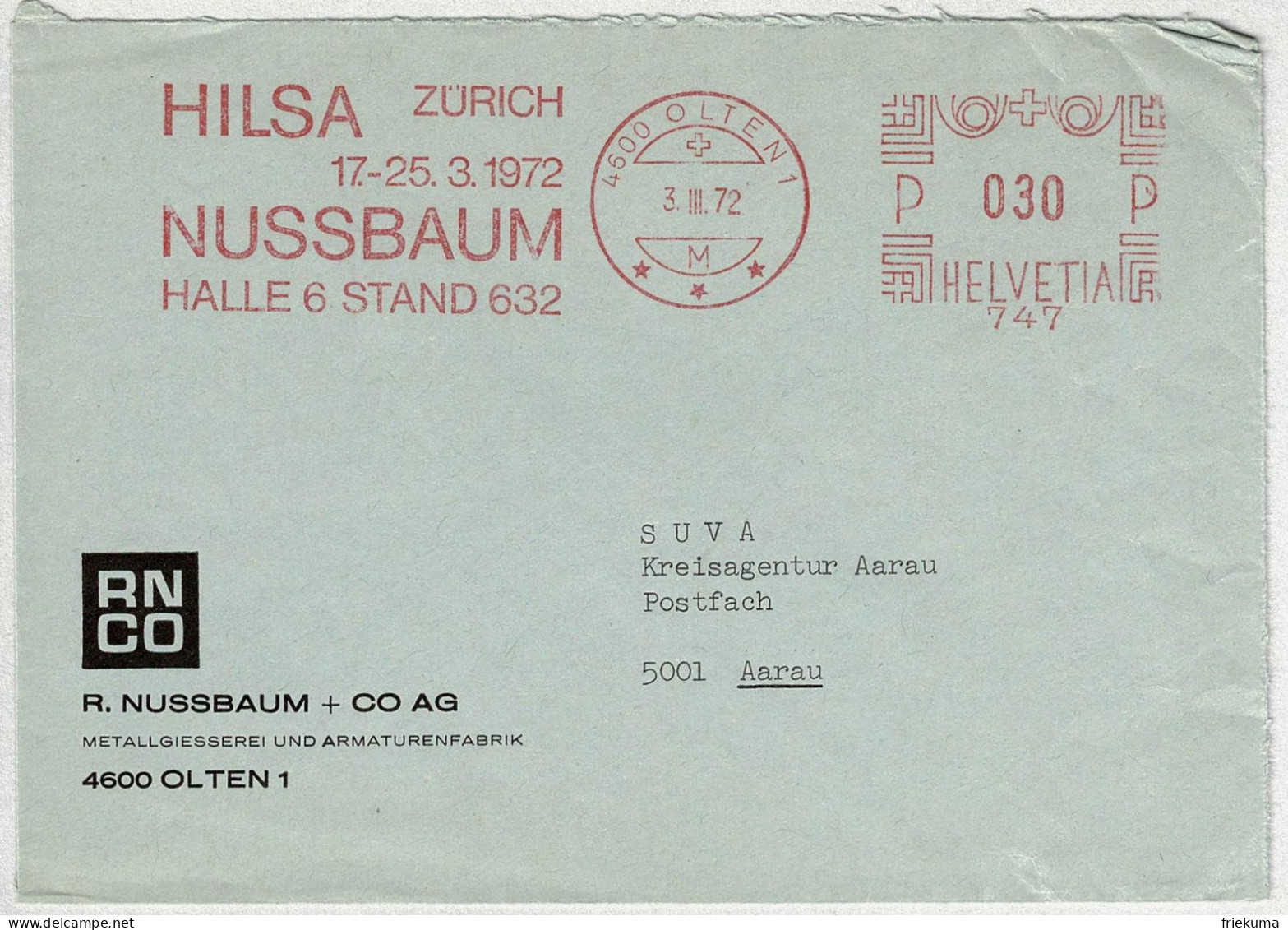 Schweiz 1972, Brief Freistempel / EMA / Meterstamp Nussbaum Olten - Aarau, Giesserei, Armaturen, HILSA Zürich - Affrancature Meccaniche