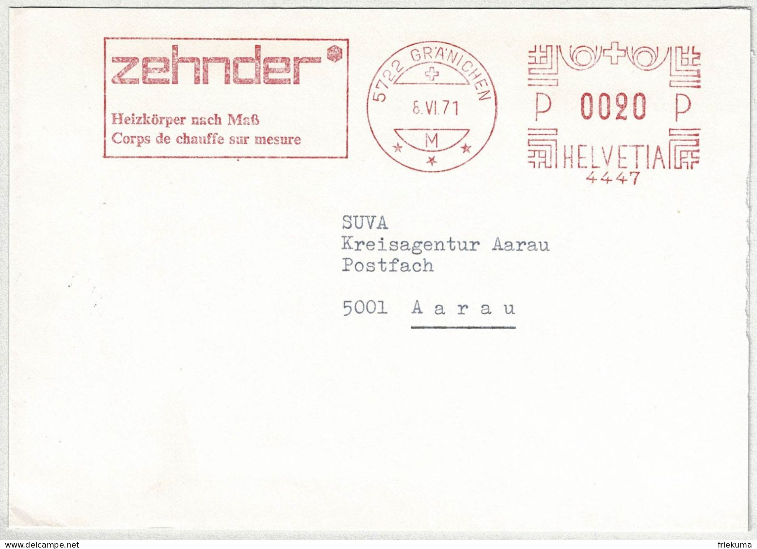 Schweiz 1971, Brief Freistempel / EMA / Meterstamp Zehnder Gränichen - Aarau, Heizung, Radiatoren - Frankiermaschinen (FraMA)