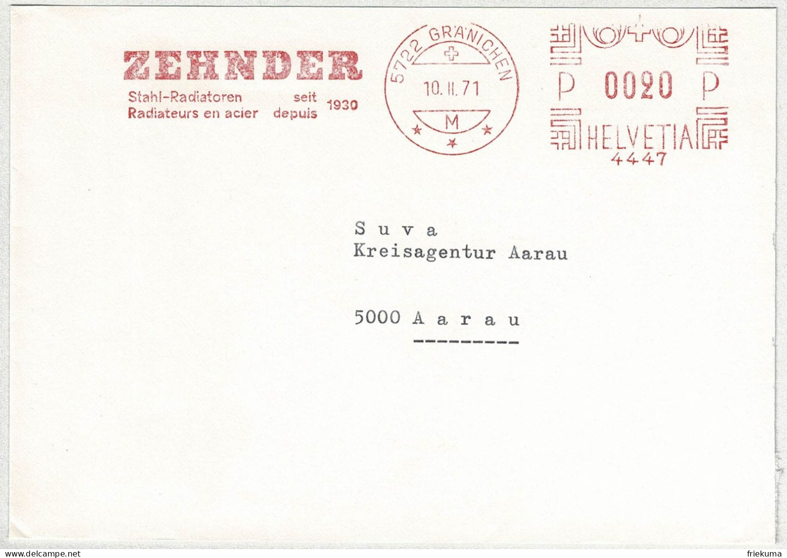 Schweiz 1971, Brief Freistempel / EMA / Meterstamp Zehnder Gränichen - Aarau, Heizung, Radiatoren - Frankeermachinen