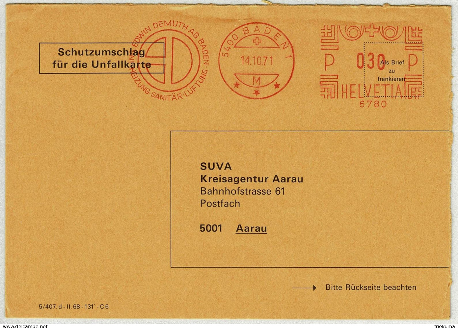 Schweiz 1971, Brief Freistempel / EMA / Meterstamp Demuth Baden - Aarau, Heizung, Sanitär, Lüftung - Frankeermachinen