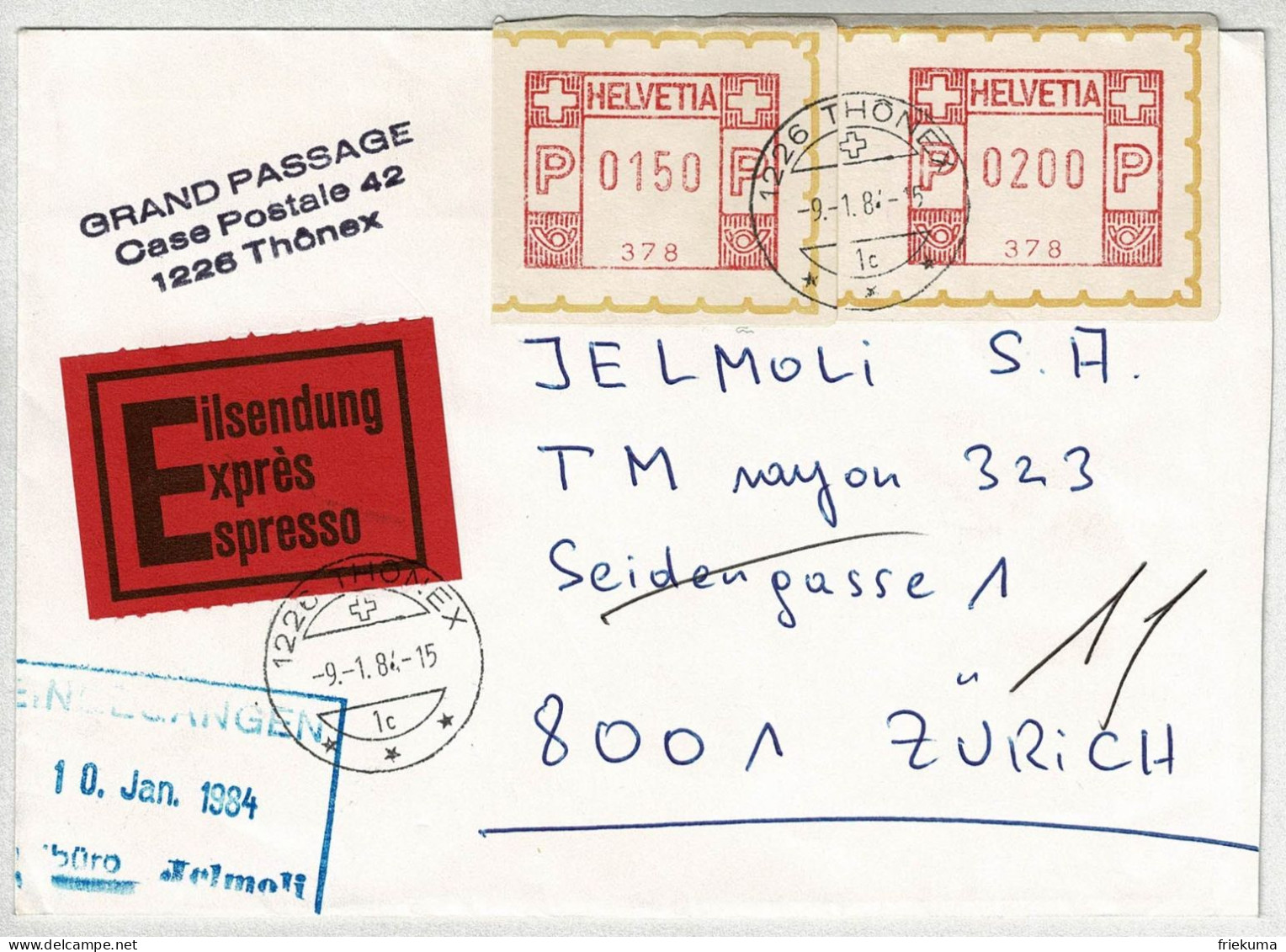 Schweiz 1984, Brief Express Freistempel / EMA / Meterstamp Thônex - Zürich - Affrancature Meccaniche