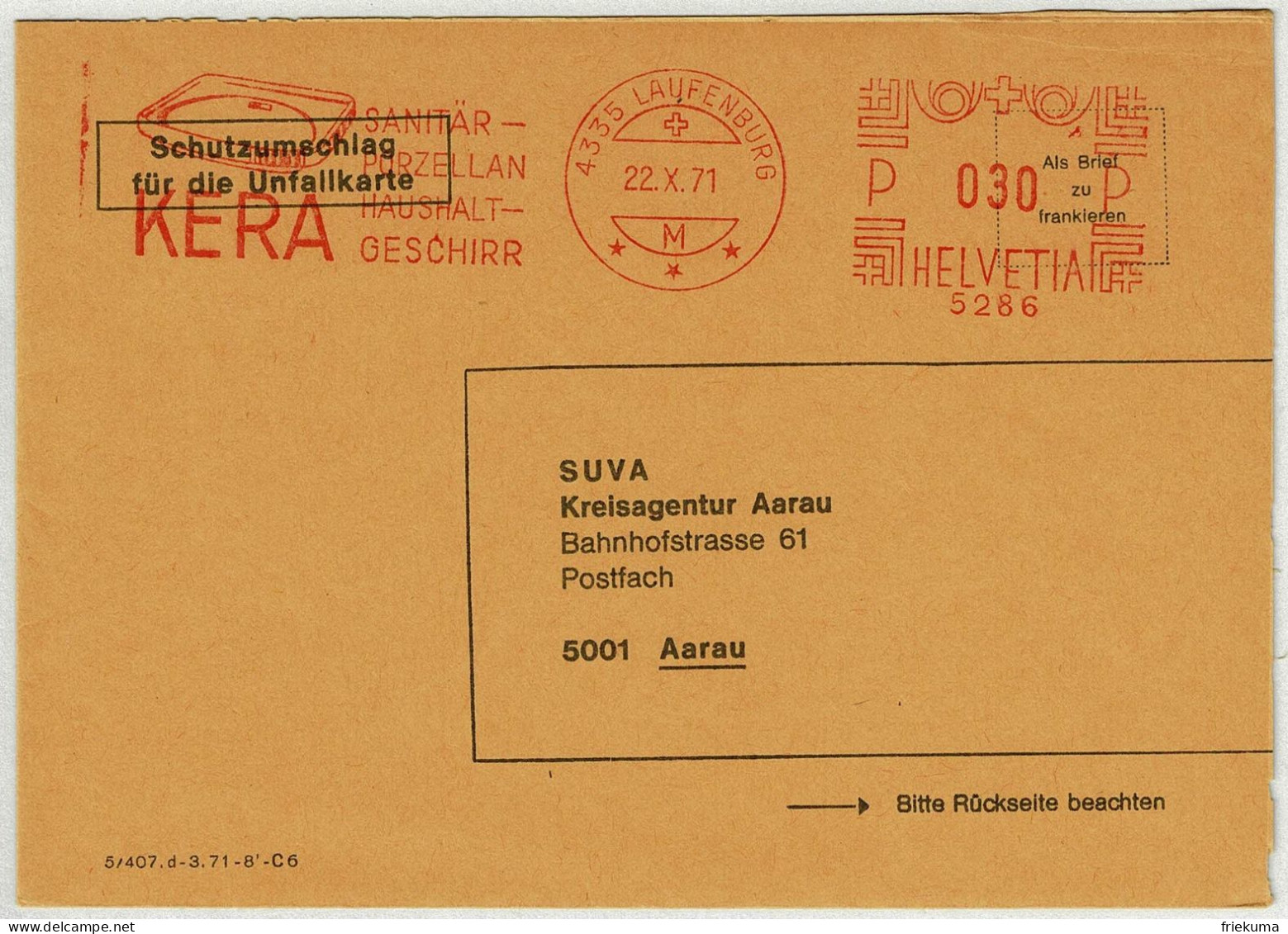 Schweiz 1971, Brief Freistempel / EMA / Meterstamp KERA Laufenburg - Aarau, Sanitär, Porzellan, Geschirr - Affrancature Meccaniche