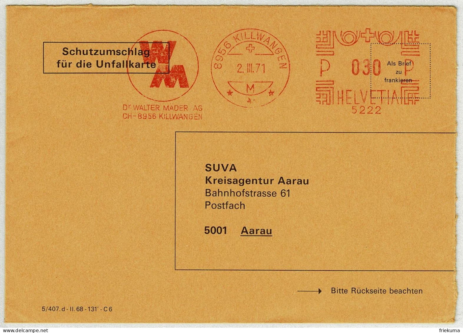 Schweiz 1971, Brief Freistempel / EMA / Meterstamp Mäder Killwangen - Aarau, Farben, Lacke - Affranchissements Mécaniques