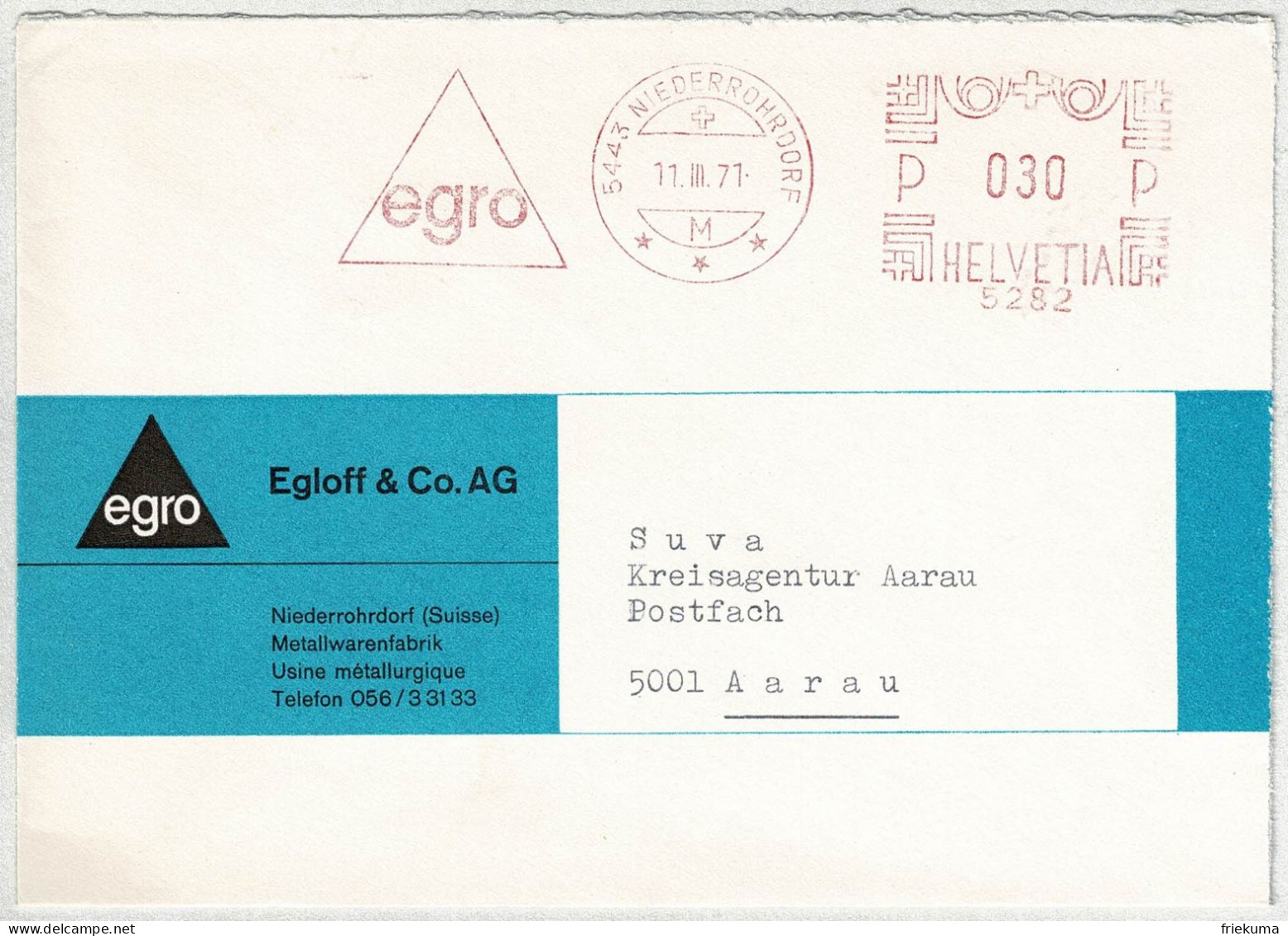 Schweiz 1971, Brief Freistempel / EMA / Meterstamp Egloff Egro Niederrohrdorf - Aarau, Metallwaren, Armaturen - Frankiermaschinen (FraMA)