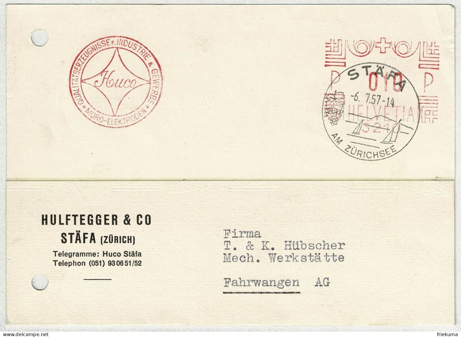 Schweiz 1957, Postkarte Freistempel / EMA / Meterstamp Hulftegger Stäfa - Fahrwangen, Elektroden - Frankiermaschinen (FraMA)