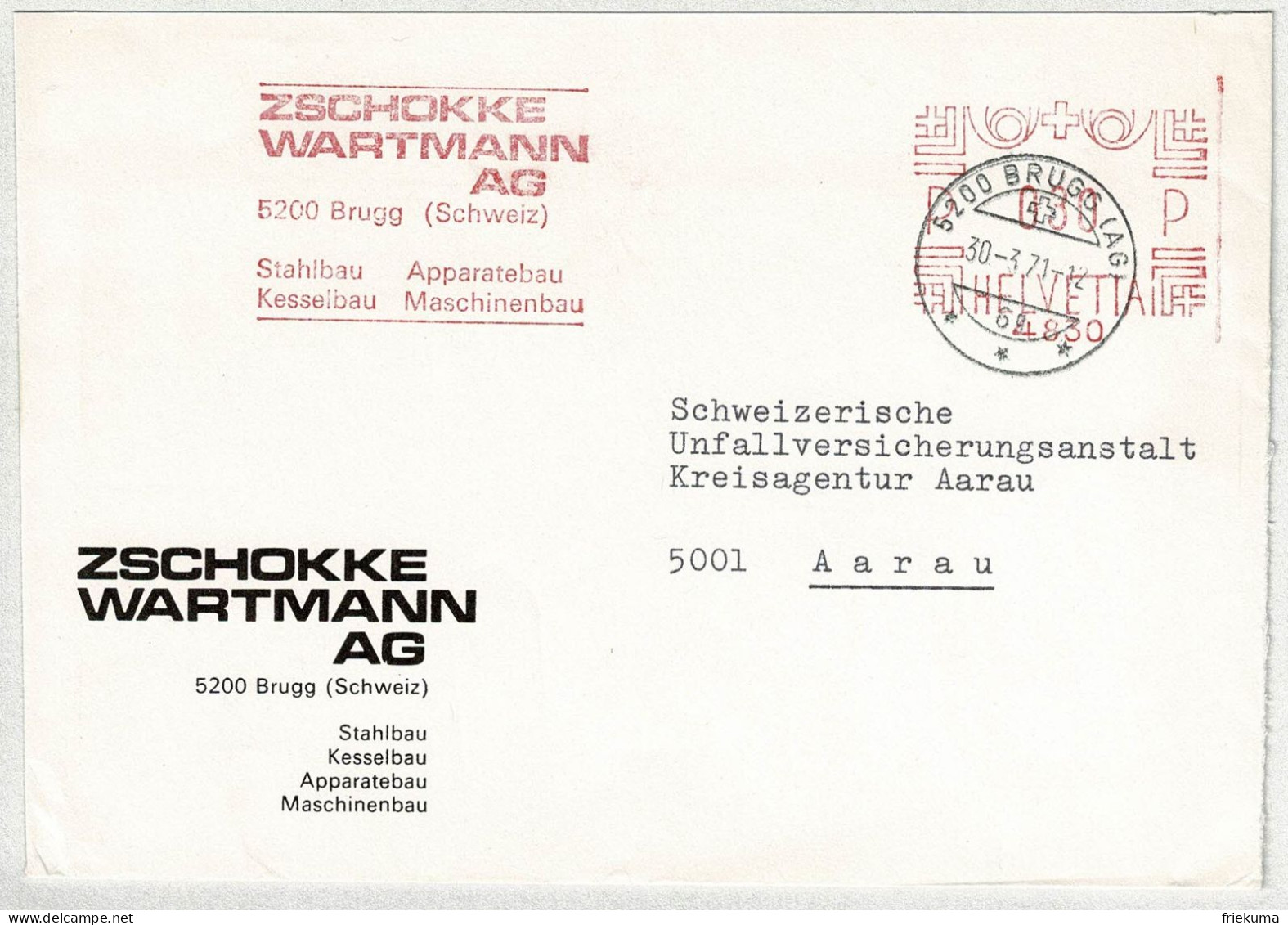 Schweiz 1971, Brief Freistempel / EMA / Meterstamp Zschokke Wartmann Brugg - Aarau, Stahlbau, Apparatebau, Maschinen - Frankiermaschinen (FraMA)