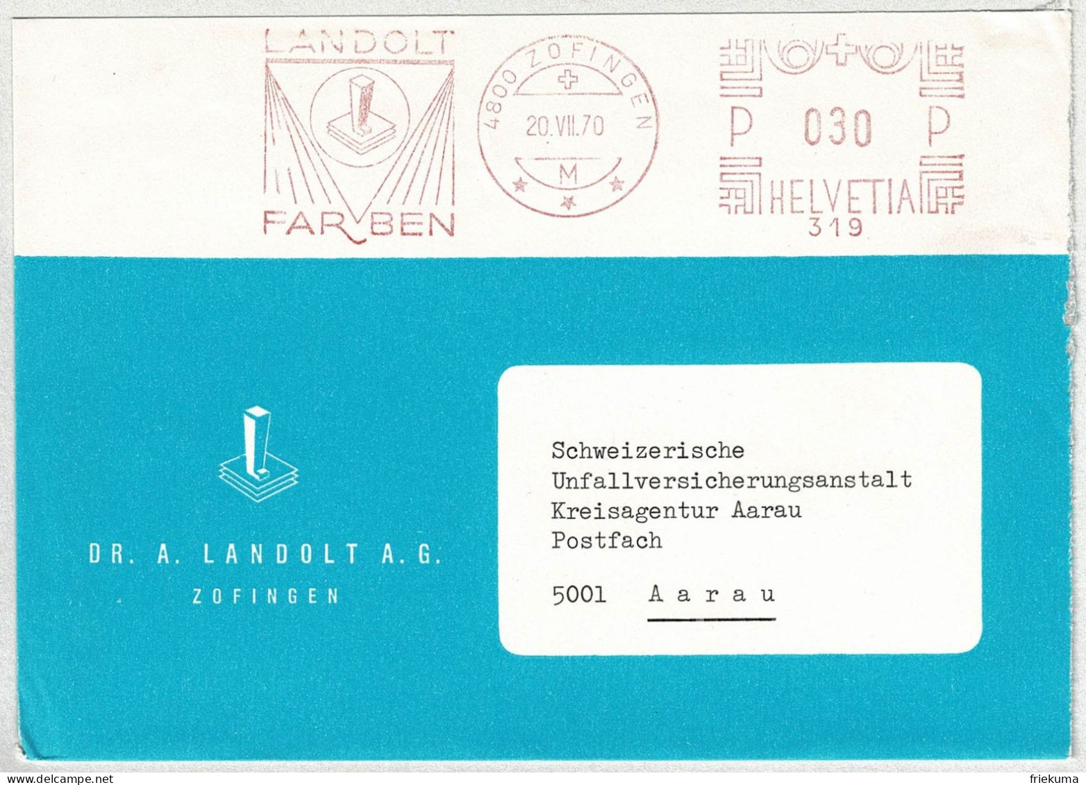 Schweiz 1970, Brief Freistempel / EMA / Meterstamp Landolt Farben Zofingen - Aarau, Lacke - Frankiermaschinen (FraMA)