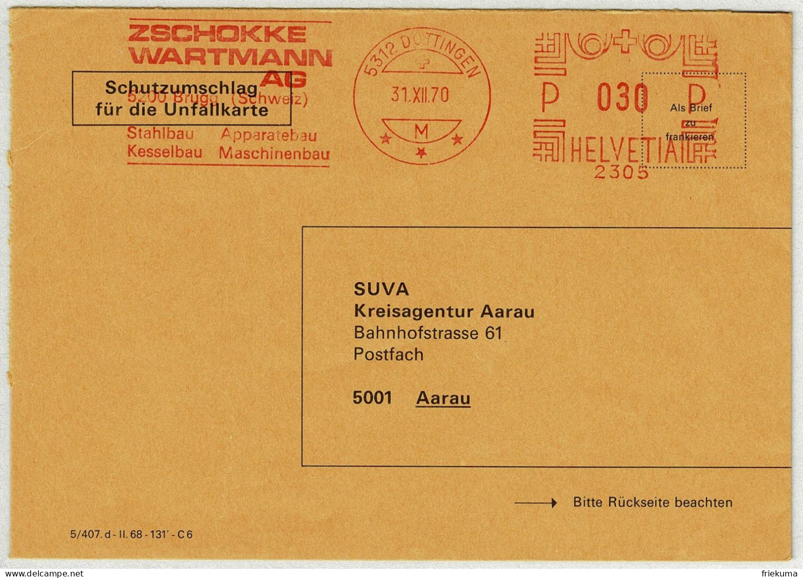 Schweiz 1970, Brief Freistempel / EMA / Meterstamp Zschokke Wartmann Döttingen - Aarau, Stahlbau, Apparatebau, Maschinen - Postage Meters