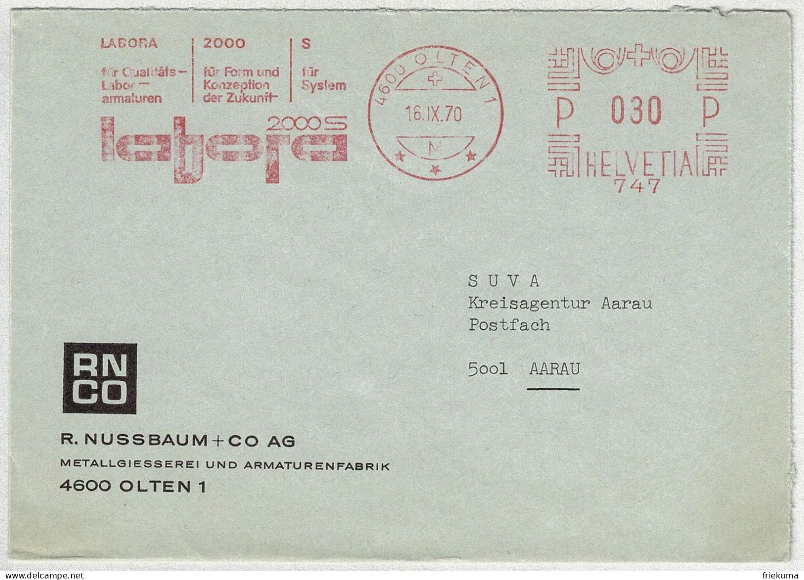 Schweiz 1970, Brief Freistempel / EMA / Meterstamp Nussbaum Olten - Aarau, Giesserei, Armaturen - Frankiermaschinen (FraMA)