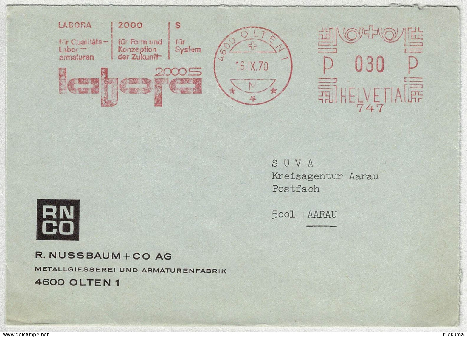 Schweiz 1970, Brief Freistempel / EMA / Meterstamp Nussbaum Olten - Aarau, Giesserei, Armaturen - Máquinas De Franquear