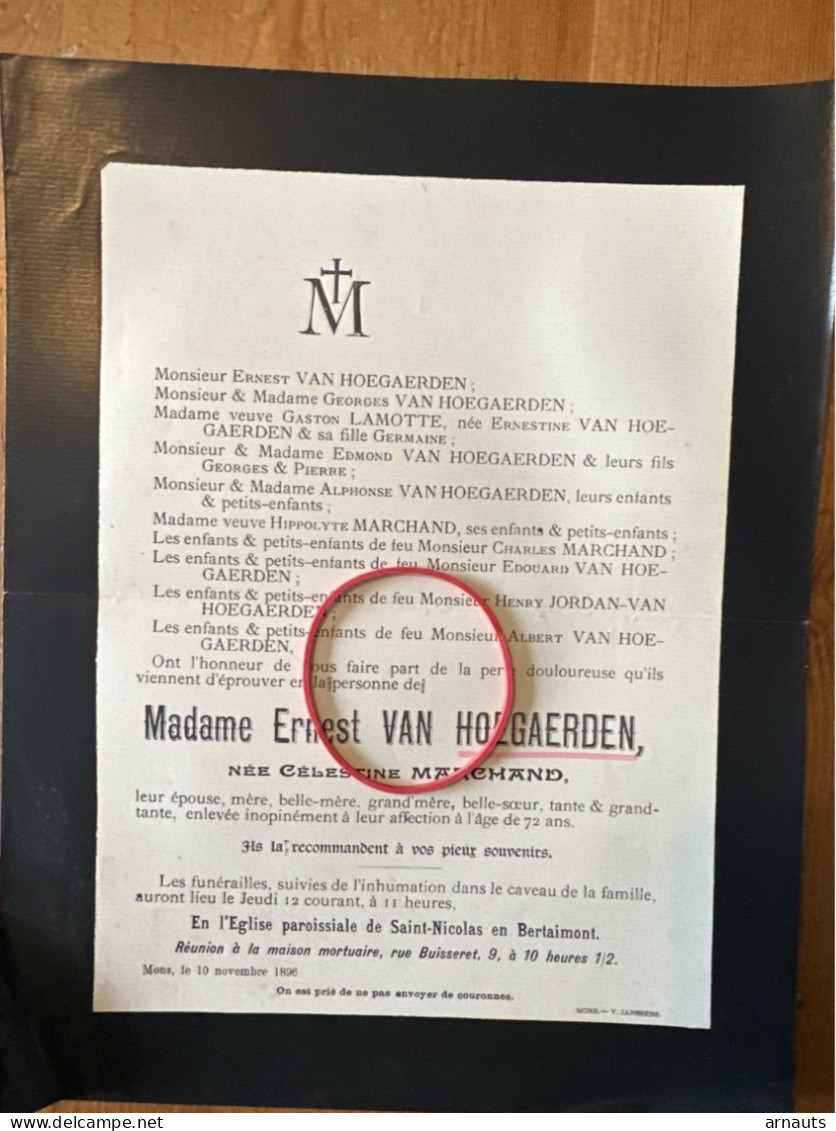 Madame Ernest Van Hoegaerden Nee Celestine Marchand *1824+1896 Mons Bertaimont Lamotte Jordan - Avvisi Di Necrologio