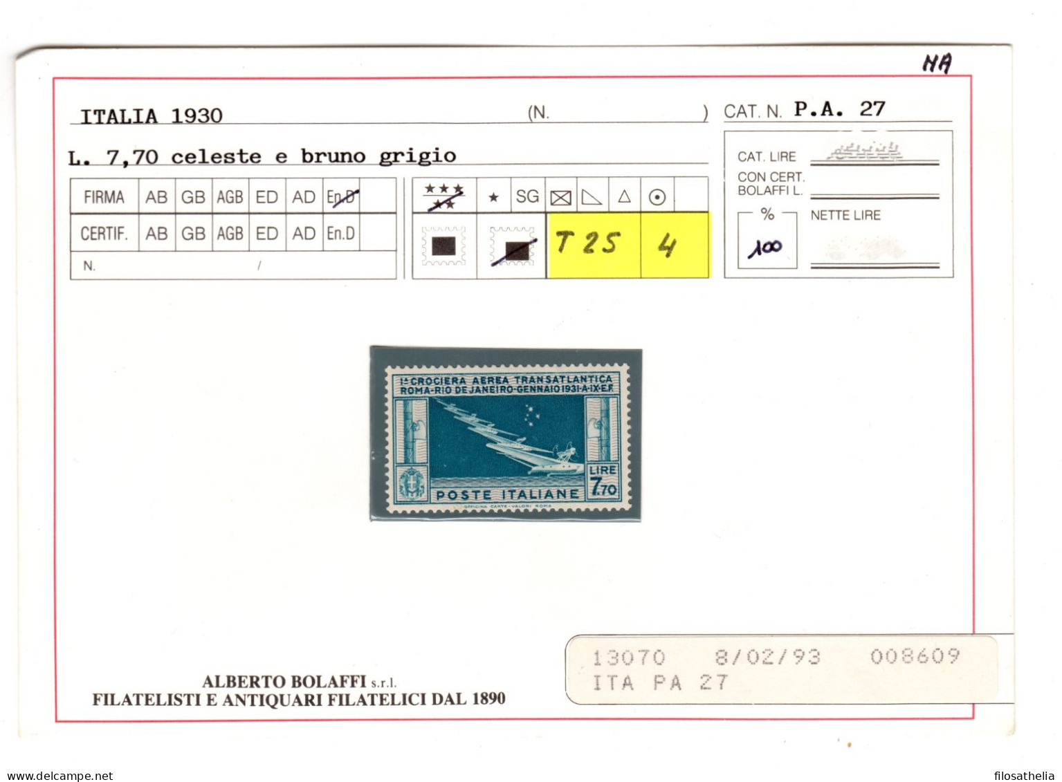 1862 Regno  Posta Aerea Roma Rio 7,70 - Ungebraucht