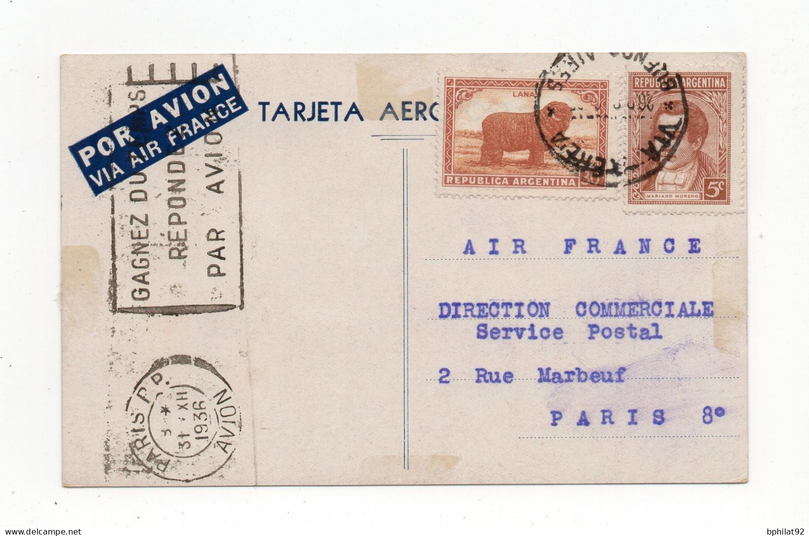 !!! ARGENTINE, CARTE AIR FRANCE PAR AVION DE BUENOS AIRES DU 31/12/1936 POUR PARIS - Brieven En Documenten