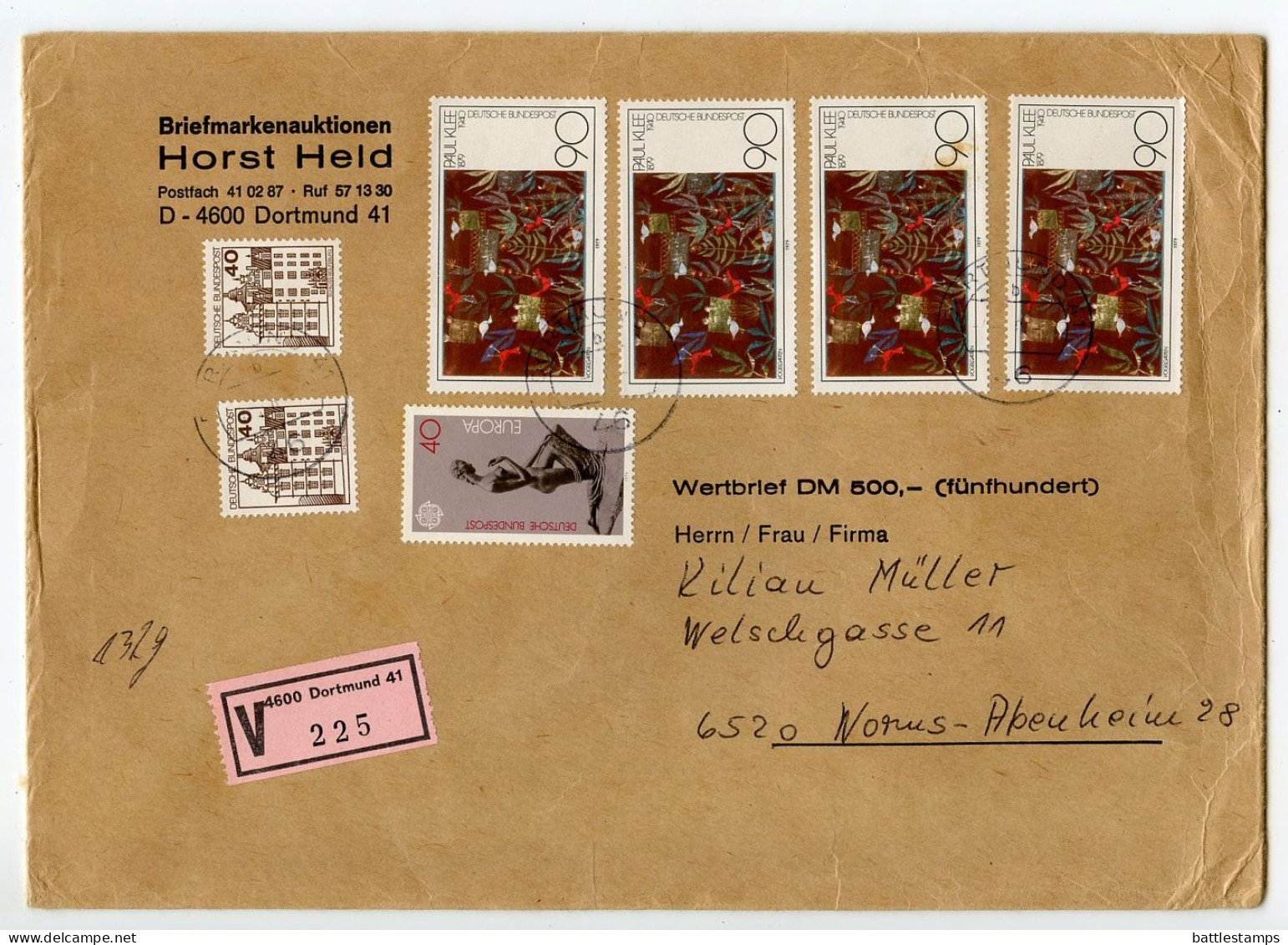 Germany, West 1980's Insured V-Label Cover; Dortmund To Worms-Abenheim; Mix Of Stamps - Storia Postale