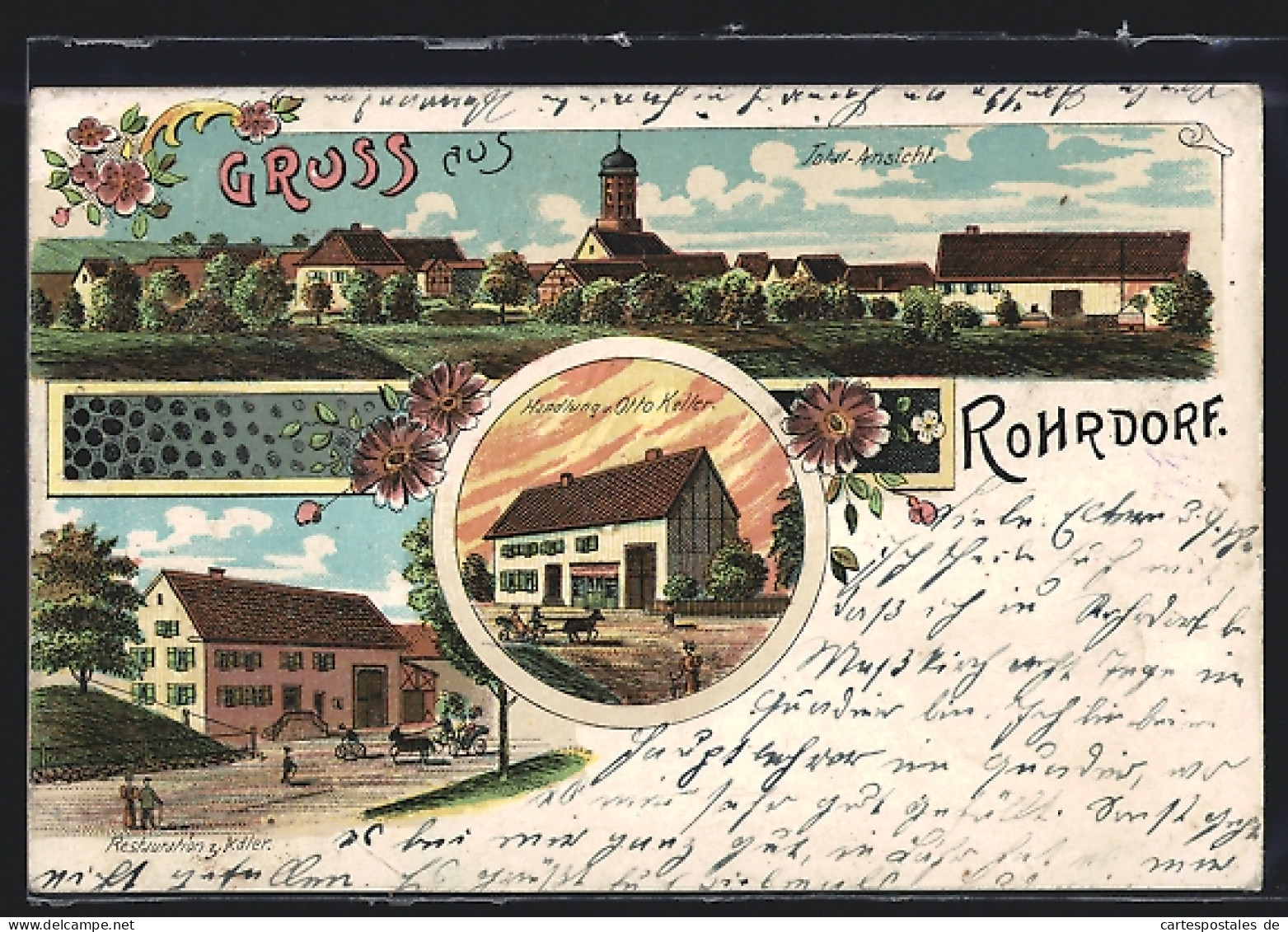 Lithographie Rohrdorf / Messkirch, Restaurant Z. Adler, Handlung Otto Keller, Ortsansicht  - Sonstige & Ohne Zuordnung