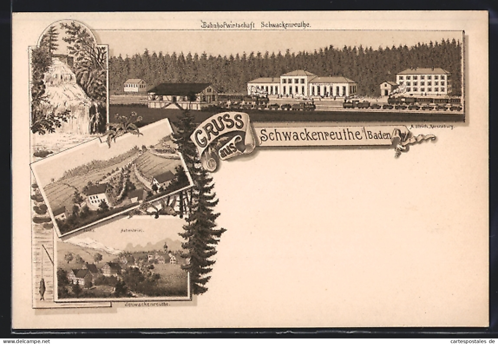 Lithographie Schwackenreuthe I. Baden, Gasthaus Bahnhofwirtschaft, Bahnhof, Ortsansicht Mit Säntis  - Baden-Baden