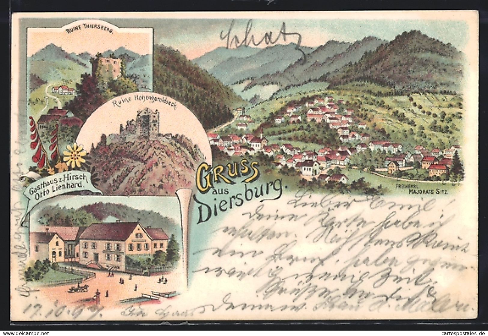 Lithographie Diersburg, Gasthaus Z. Hirsch, Ruine Hohengeroldseck, Ruine Thiersberg  - Sonstige & Ohne Zuordnung