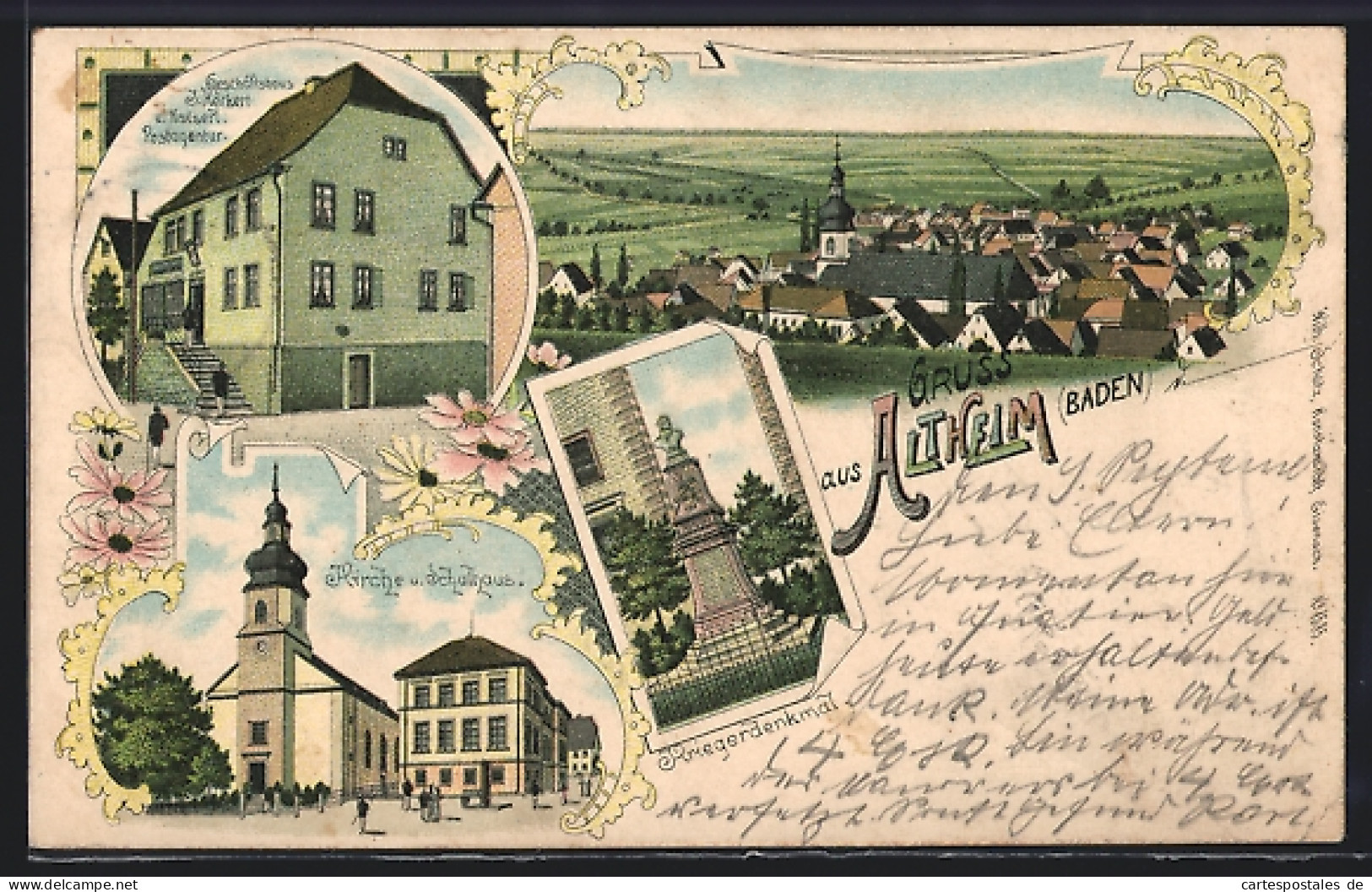 Lithographie Altheim /Baden, Geschäftshaus J. Herkert U. Kaiserl. Postagentur, Kriegerdenkmal  - Baden-Baden