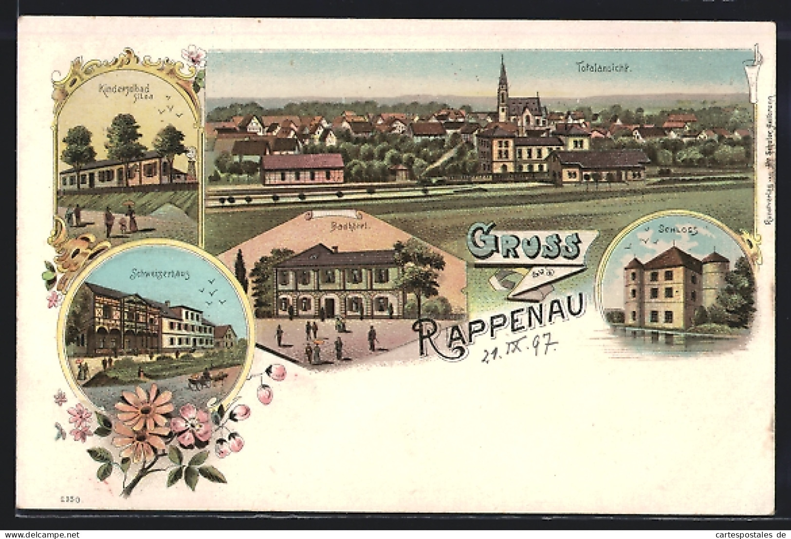 Lithographie Rappenau, Badhotel, Gasthaus Schweizerhaus, Schloss  - Bad Rappenau