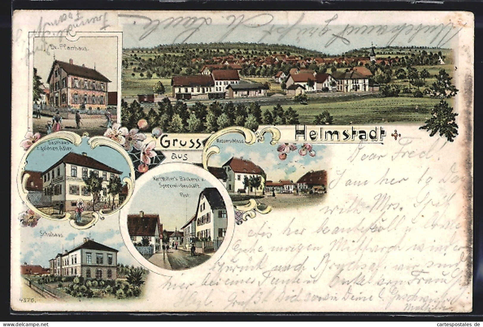Lithographie Helmstadt / Baden, Gasthaus Z. Goldenen Adler, Müller`s Bäckerei U. Specerei-Geschäft, Wasserschloss  - Baden-Baden