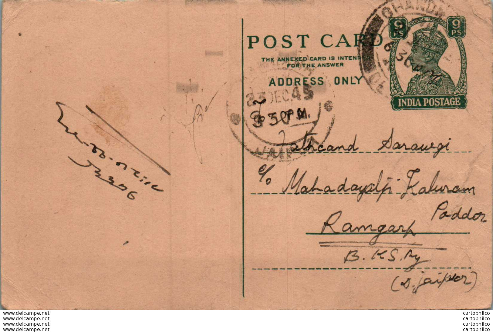 India Postal Stationery George VI 9p To Ramgarh - Postcards