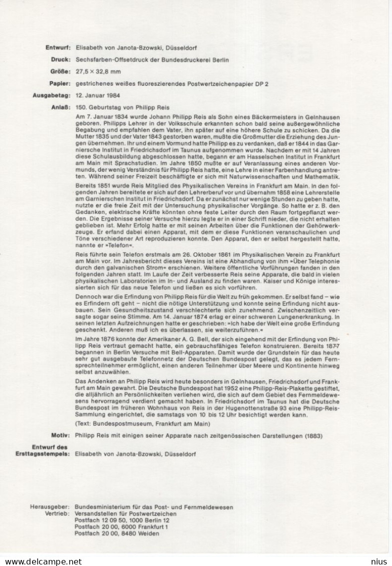 Germany Deutschland 1984-02 First Day Sheet ETB Philipp Reis, Telephone Phone Telefon, Canceled In Bonn - 1981-1990