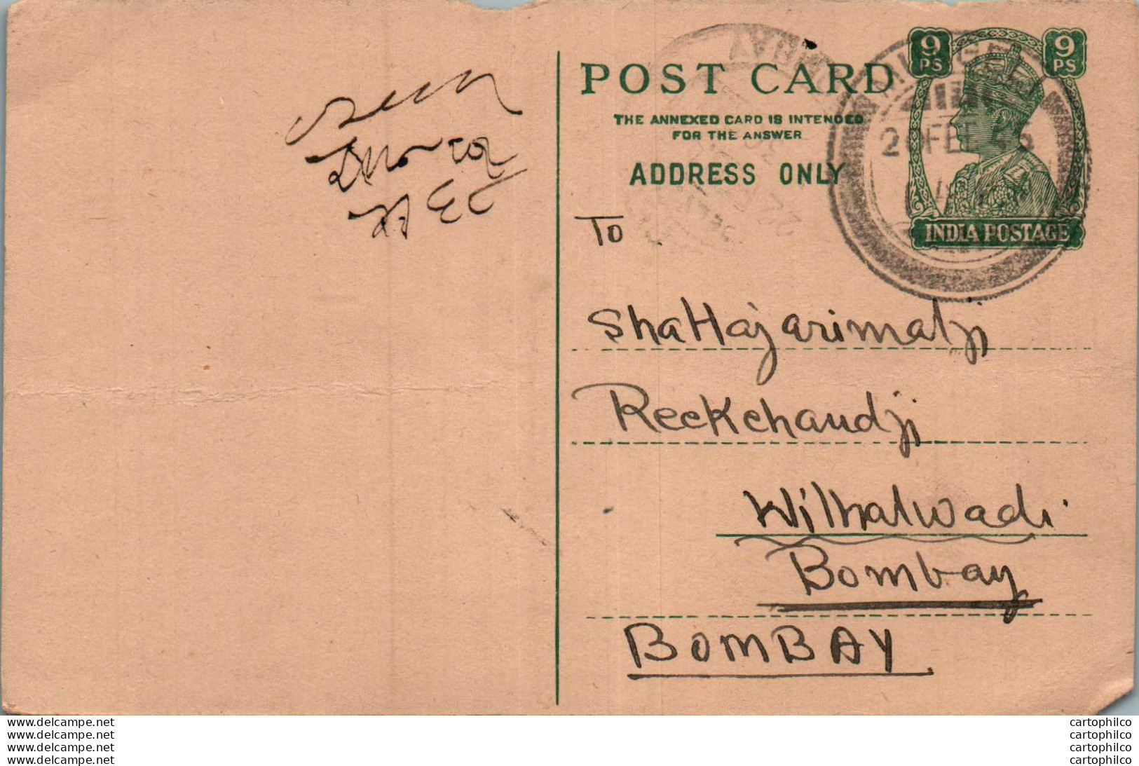 India Postal Stationery George VI 9p To Bombay - Postcards