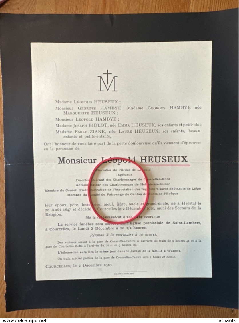 Monsieur Leopold Heuseux Ingenieur Charbonnages Helchteren Zolder *1847 Herstal +1910 Courcelles Wasmes Fontaine-l’Evequ - Obituary Notices