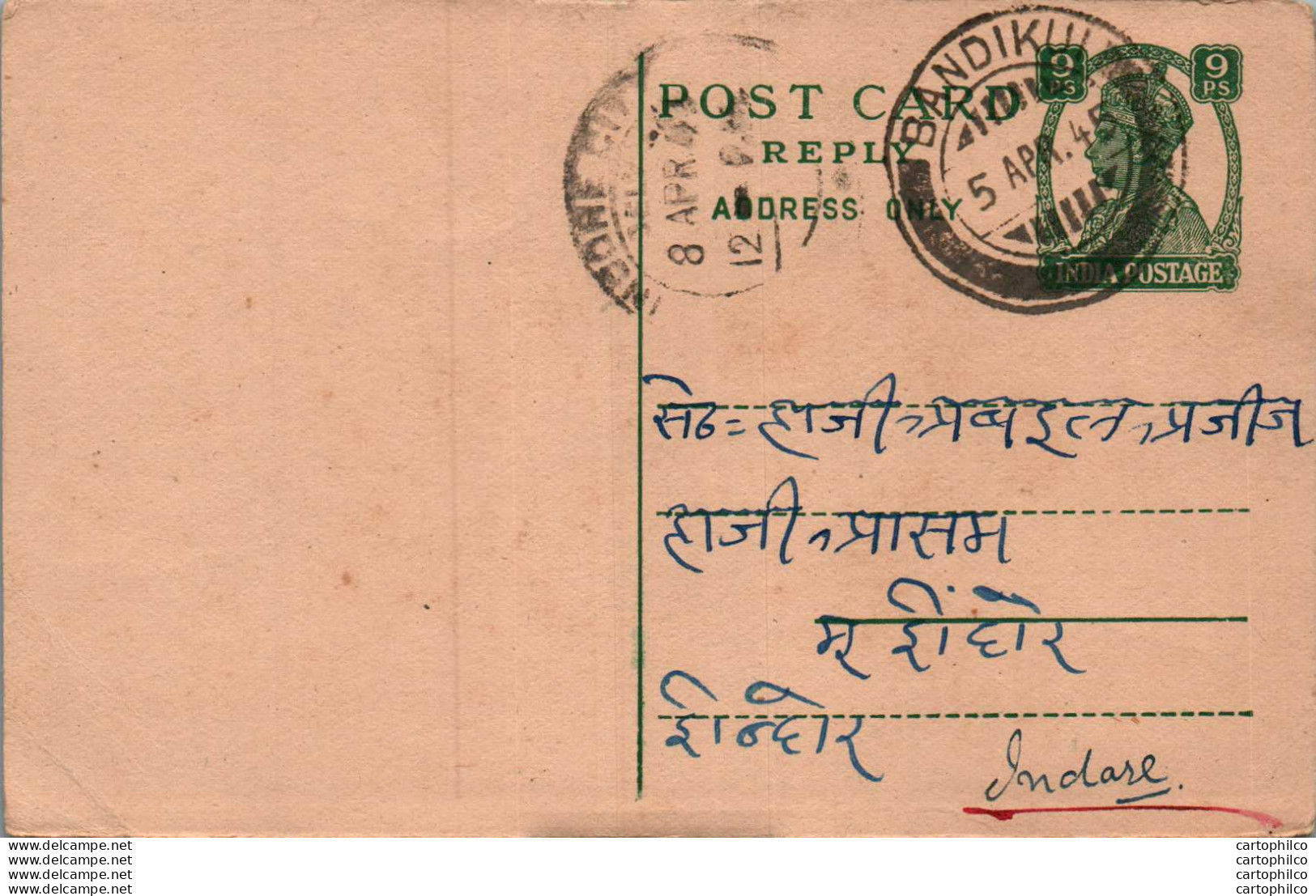 India Postal Stationery George VI 9p Bandikui Cds To Indore - Postkaarten