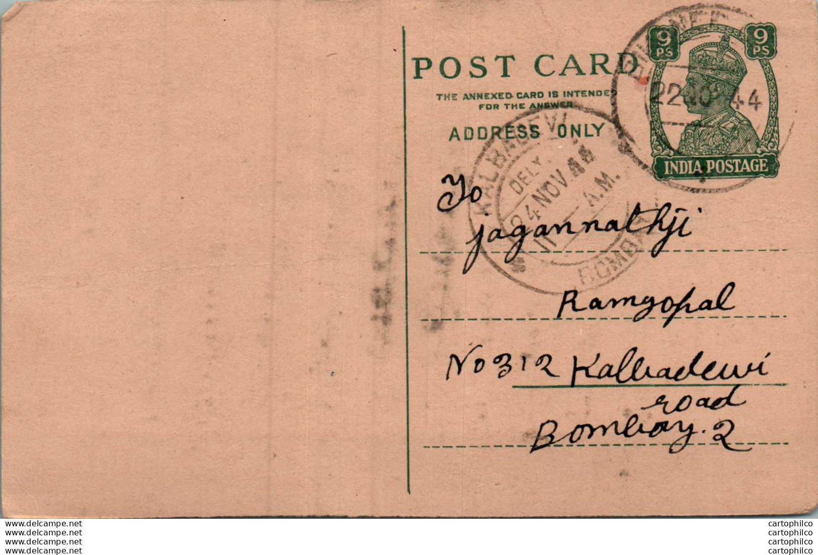 India Postal Stationery George VI 9p Kalbadevi Bombay Cds - Postkaarten